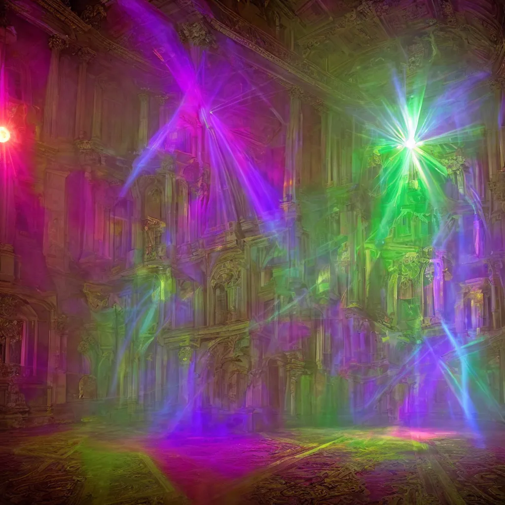 Prompt: rainbow caustics spirit in the central hall of a Victorian mansion, wide shot, dim lighting, light rays, volumetric lighting, silver plate photography, ghost