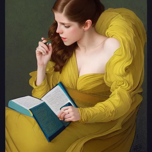 Image similar to anna kendrick wearing a yellow dress and reading a book, masterpiece, intricate, elegant, highly detailed, digital painting, artstation, concept art, smooth, sharp focus, illustration, art by artgerm and greg rutkowski and alphonse mucha and uang guangjian and gil elvgren and sachin teng, symmetry!!