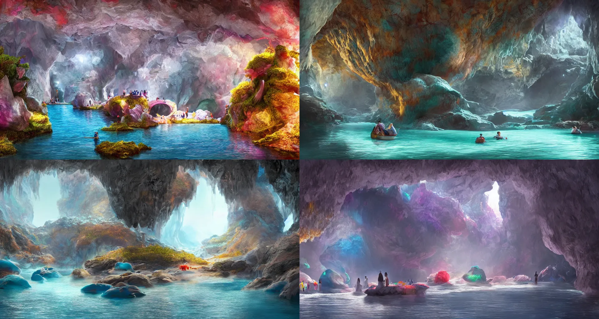 Prompt: a river in a marble cave system with big tea cups floating down it carrying people, vivid colors, matte painting, 8K, concept art, mystical color scheme, trending on artstation