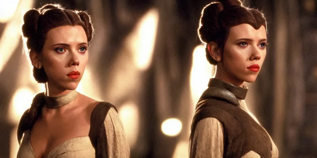 Prompt: Scarlett Johansson playing Princess Leia in a scene from Return of the Jedi