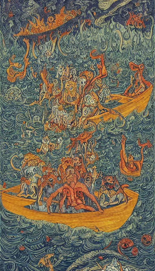 Prompt: man on boat crossing a body of water in hell with creatures in the water, sea of souls, by louis wain