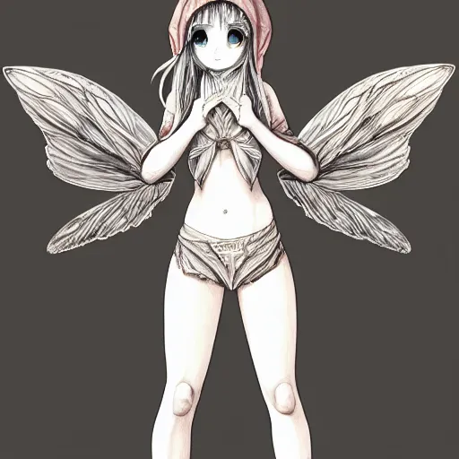 Image similar to a fairy girl, wearing a hoodie and sweatpants, symmetrical wings, wings made of pizza, basic white background, symmetrical, watercolor, pen and ink, intricate line drawings, by Yoshitaka Amano, Ruan Jia, Kentaro Miura, Artgerm, detailed, trending on artstation, hd, masterpiece,