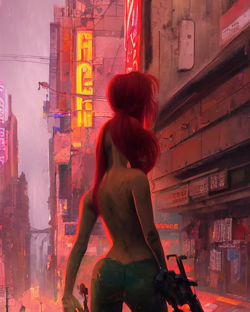 Image similar to a highly detailed epic cinematic concept art CG render digital painting artwork: A girl with a red hair in neon cyberpunk city. By Greg Rutkowski, in the style of Francis Bacon and Syd Mead and Norman Rockwell and Beksinski, open ceiling, highly detailed, painted by Francis Bacon and Edward Hopper, painted by James Gilleard, surrealism, airbrush, Ilya Kuvshinov, WLOP, Stanley Artgerm, very coherent, triadic color scheme, art by Takato Yamamoto and James Jean