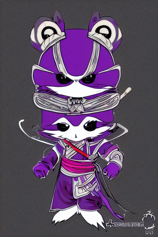 Image similar to purple samurai raccoon in the style of Yoshitaka Amano