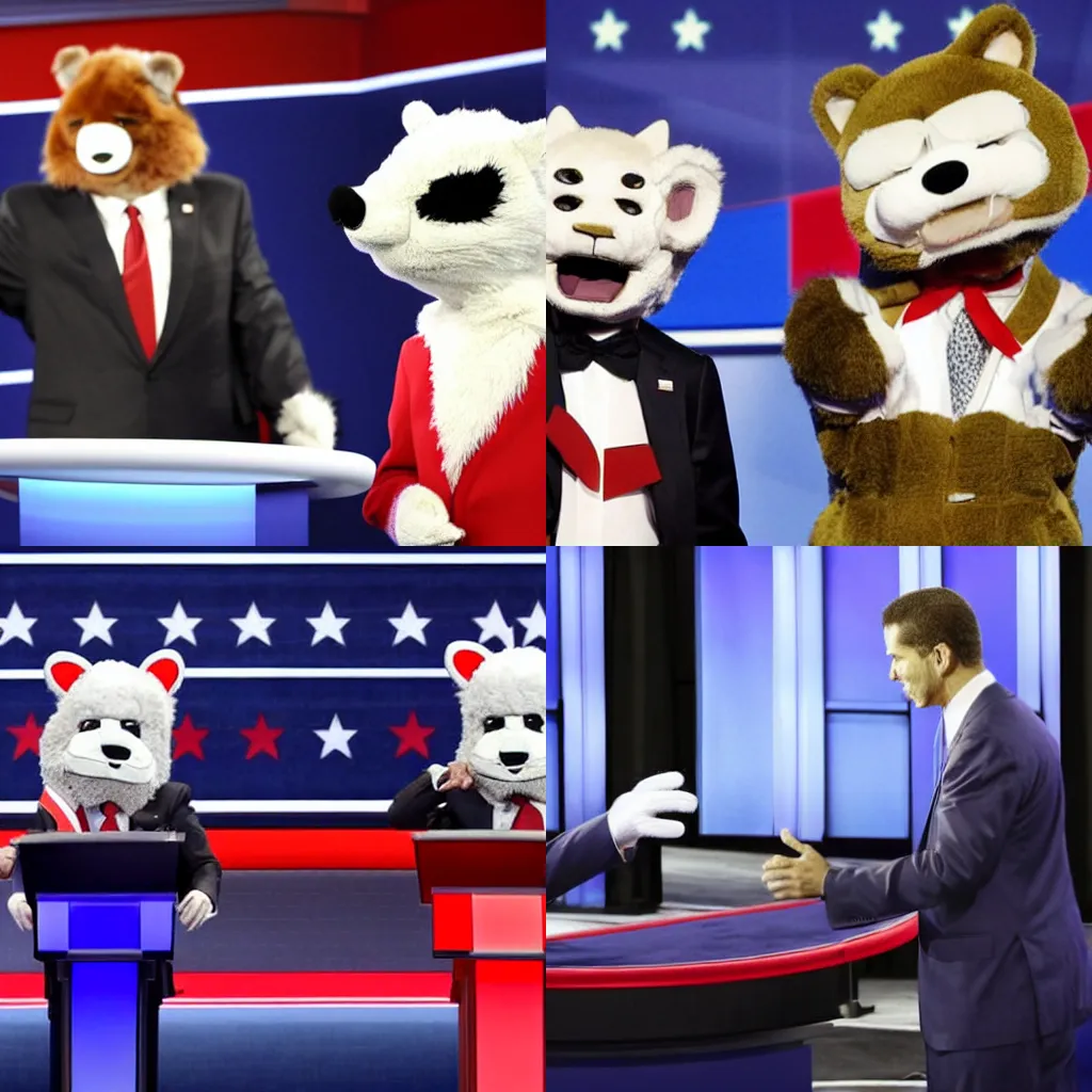 Prompt: associated press photo of a presidental debate between two furry fursuiters on a debate stage,