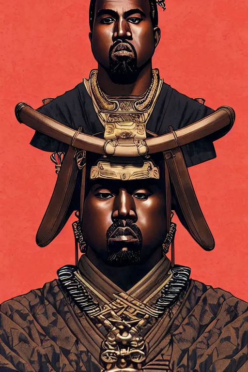 Image similar to poster of kanye west as a samurai, by yoichi hatakenaka, masamune shirow, josan gonzales and dan mumford, ayami kojima, takato yamamoto, barclay shaw, karol bak, yukito kishiro, highly detailed