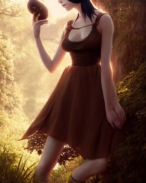 Image similar to photo of eevee pokemon humanisation, in lace brown dress, film still, dslr, by greg rutkowski, gil elvgren, ross tran, artgerm, wlop, glossy skin, pearlescent, very coherent