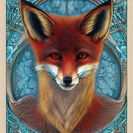 Image similar to realistic detailed face portrait of a fox detective by emilia dziubak, will terry, greg olsen, chris mars, ann long, and mark brooks, fairytale, female, feminine, art nouveau, illustration, character concept design, storybook layout, story board format