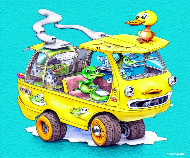 Image similar to cute and funny, duck riding in a tiny amphibious bus, ratfink style by ed roth, centered award winning watercolor pen illustration, isometric illustration by chihiro iwasaki, edited by craola, tiny details by artgerm and watercolor girl, symmetrically isometrically centered