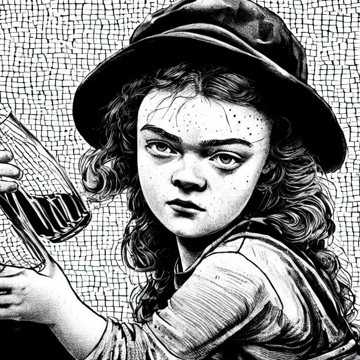 Prompt: extreme close - up on sadie sink as a miner who raises a glass of water. background : black tiles on walls. black and white, pencil and ink. by gabriel hardman, joe alves, chris bonura. cinematic atmosphere, detailed and intricate, perfect anatomy