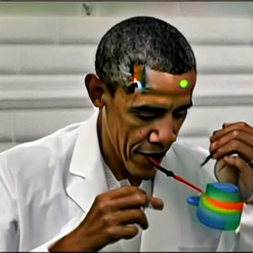 Image similar to a photograph of barack obama wearing a lab coat injecting a frog with a rainbow in a syringe