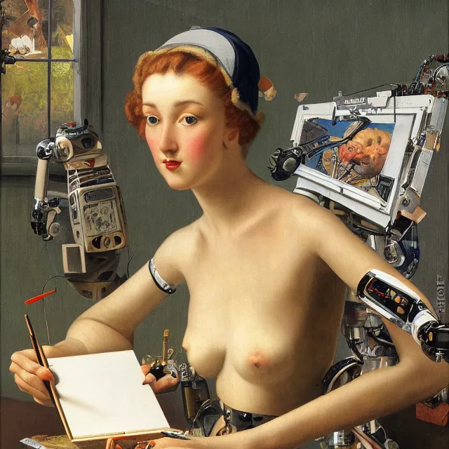 Prompt: robot artist painting a self - portrait on a canvas. intricate, highly detailed, digital matte painting, in the style of hans thoma, and in the style of gil elvgren. irony, recursion, inspiration.