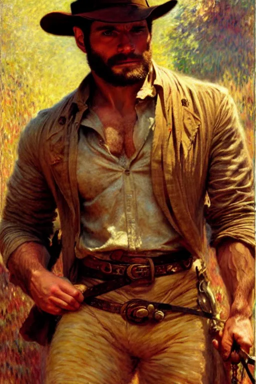 Prompt: henry cavill as indiana jones, painting by gaston bussiere, craig mullins, j. c. leyendecker, claude monet