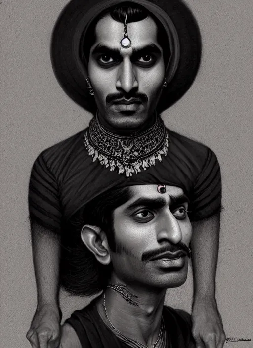 Image similar to portrait of an indian man with a crooked nose and a confident expression, 1 9 6 0 s, black clothes, goth, punk, funk, intricate, elegant, highly detailed, digital painting, artstation, concept art, smooth, sharp focus, illustration, art by wlop, mars ravelo and greg rutkowski