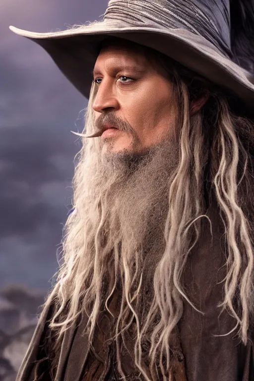Image similar to film still of johnny depp as gandalf in lord of the rings movie, glamour pose, dramatic lighting, octane, volumetric lighting, 8 k