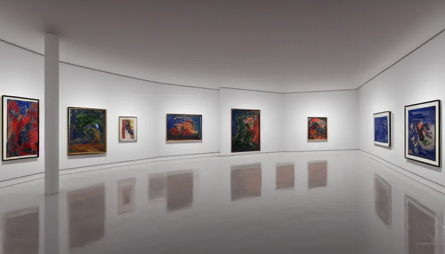 Image similar to interior futuristic art gallery wide angle highly detailed by santiago calatrava, three wall hanging paintings famous pieces by monet!, captivating 8 k hdr, octane render godrays hyperrealism