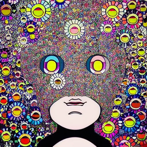 Image similar to melancholic by takashi murakami. the illustration is an abstract portrait of a woman. the woman's face is divided into two halves, one half is black & the other is white. the woman's eyes are large & staring. the illustration is full of energy & movement.