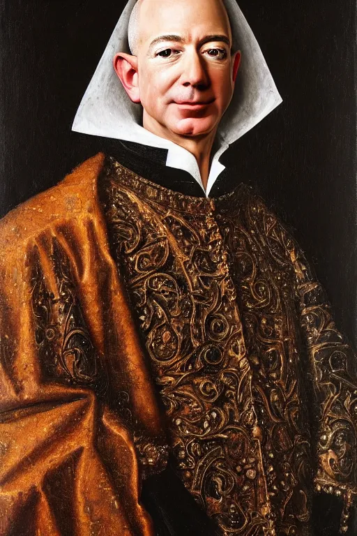 Prompt: portrait of jeff bezos!!! oil painting by jan van eyck, northern renaissance art, oil on canvas, wet - on - wet technique, realistic, expressive emotions, intricate textures, illusionistic detail