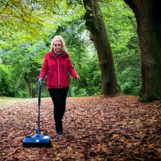 Prompt: lady walking a vacuum in a scary wood