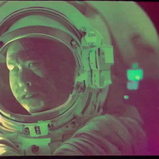 Image similar to astronaut with neon glowing skull, 1 9 6 0 s, color bleed, video compression, video glitch, monochrome, akira kurosawa, mamoru oshii, wes anderson, stanley kubrick