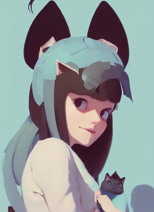 Image similar to portrait of cute catgirl with cat ears, by atey ghailan, by greg rutkowski, by greg tocchini, by james gilleard, by joe gb fenton, by in kaethe butcher, dynamic lighting, gradient light blue, brown, blonde cream and white color in scheme, grunge aesthetic