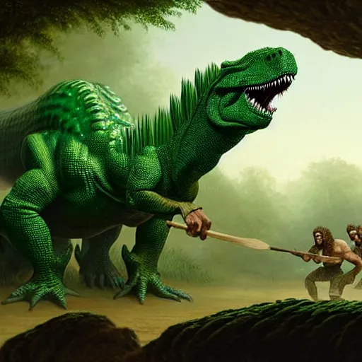 Image similar to A green scaly dinosaur! fighting with several realistic detailed cavemen with proportioned bodies, the cavemen are armed with spears, the caveman are in a fighting stance, the cavemen are wearing animal furs, coarse canvas, visible brushstrokes, intricate, extremely detailed painting by Greg Rutkowski