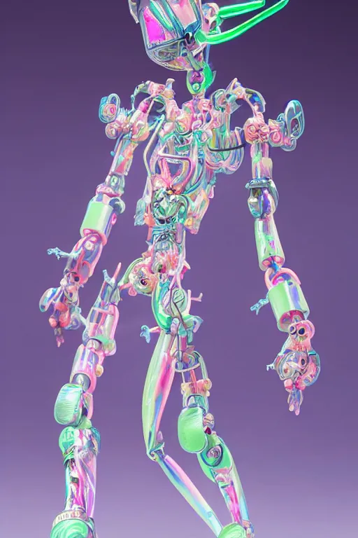 Prompt: a super huge bubbly super detailed anime figurine with fluo color detail, and muted arm colors, that looks like a intricate delicate robot, decorated by plastic synthetic ionized metal flower sculptures