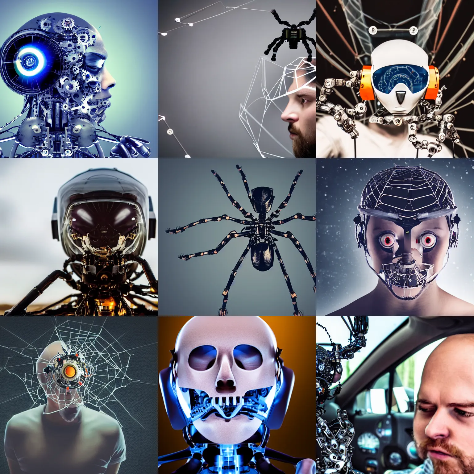 Prompt: Photo of a human head piloting a mechanical spider