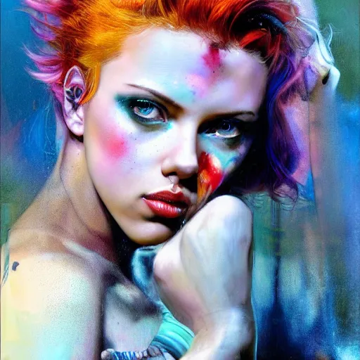Prompt: young scarlett johansson as delirium from sandman, ( hallucinating colorful soap bubbles ), by jeremy mann, by sandra chevrier, by jean giraud and richard avedon, punk rock, tank girl, high detailed, 8 k