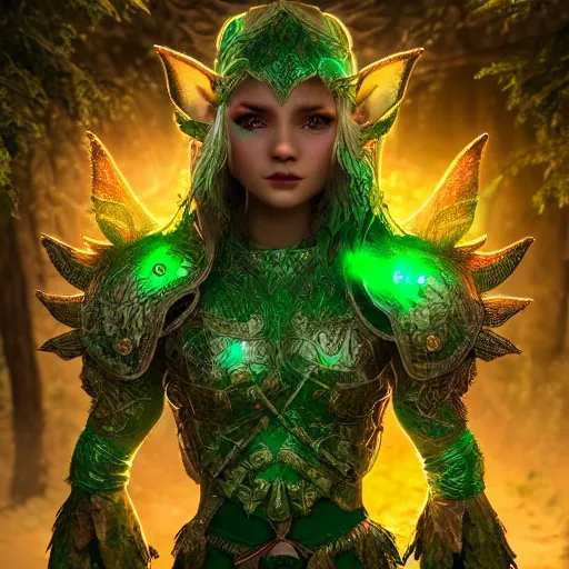 Image similar to portrait elf warrior in the forest, glowing, ornate and intricate green armour, jaw dropping beauty, glowing background lighting, green accent lighting, hyper detailed, fairy tale, 4 k octane render