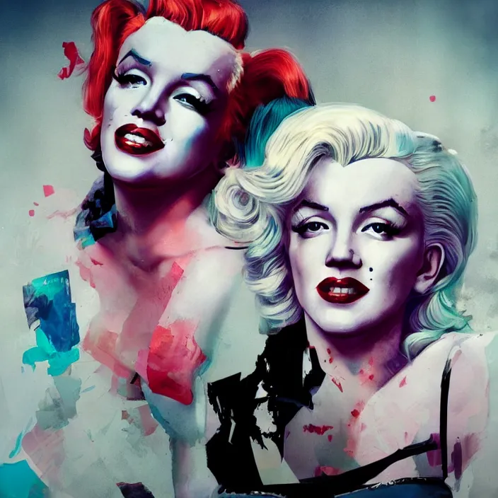 Image similar to portrait of Marilyn Monroe as a harley quinn. intricate abstract. intricate artwork. by Tooth Wu, wlop, beeple, dan mumford. octane render, trending on artstation, greg rutkowski very coherent symmetrical artwork. cinematic, hyper realism, high detail, octane render, 8k, iridescent accents