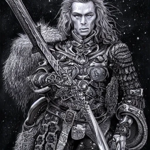 Image similar to arnold swarchenegger with giant sword, intricate detailed dark fantasy art by kentaro miura