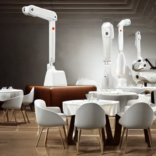 Image similar to three large white glossy kuka industrial robot arms on the floor around a dinner table, the kuka industrial robot arms are wearing bow ties, the table is full of food, they are having dinner inside a posh fine dining restaurant with retro modern furniture and decor, global illumination, artstation, fantasy, volumetric light