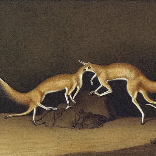 Image similar to group of long necked fox wolf rats wearing coats, by george stubbs