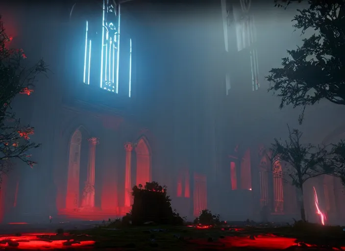 Image similar to ancient church with red shafts of light in destiny 2, foggy, liminal, dark, dystopian, beautiful architecture, abandoned, highly detailed 4 k 6 0 fps in - game destiny 2 gameplay screenshot leak