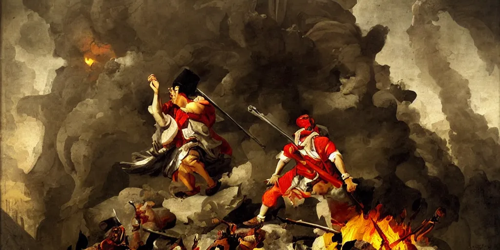 Image similar to a highly detailed menacing painting of pulcinella!!! from naples with a pizza!! and lots of fire, a volcano and dark smoke, an ultrafine detailed painting by giovanni domenico tiepolo, dramatic lighting, trending on deviantart, sharp focus, octane, masterpiece