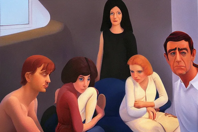 Image similar to beautiful painting of friends, beautiful faces, sitting on the edge, cute, soft light, digital painting by ralph mcquarrie and diane arbus and belotto bernardo