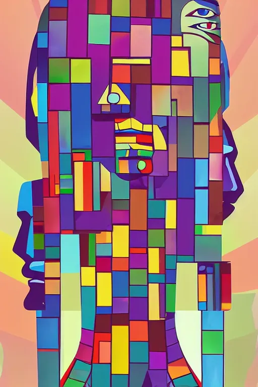 Image similar to cubist moai statue cutout digital illustration cartoon colorful beeple