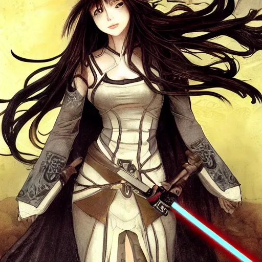 Prompt: a female Kazuto Kirigaya Kirito as young woman with brown long hair and bangs and wearing a long black coat breast-armor showing through, with light-saber, face, fantasy, intricate, elegant, highly detailed drawn by Julie Bell and Fernanda Suarez and Artem Demura, face by Artgerm and Edmund Leighton, Alphonse Mucha, background by James Jean and Gustav Klimt, 4k, porcelain skin, komorebi, french nouveau, trending on pixiv, octane render, hyperrealistic