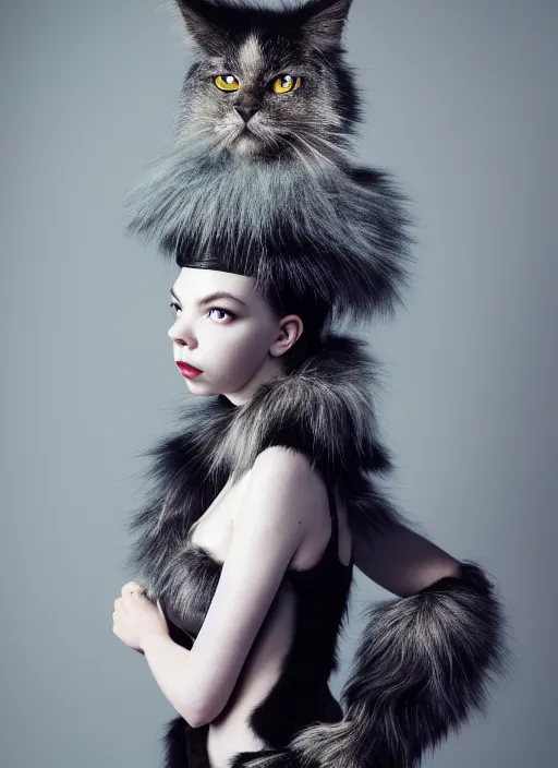 Image similar to full body environmental portrait photo of dressed anya taylor - joy as catgirl, headpiece made from fur, glamour shot by gemmy woud - binnendijk, chris knight, photorealistic, canon r 3, fashion photography, elegant, luxury and elite, symmetry, octane render, unreal engine, solid dark grey background, dramatic lights, high fashion journal cover