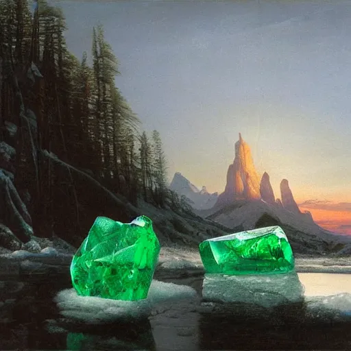 Image similar to ominous emerald crystal emerging from ice, at night, by frederic church, by kent monkman, by caspar david friedrich, king's quest, sierra games