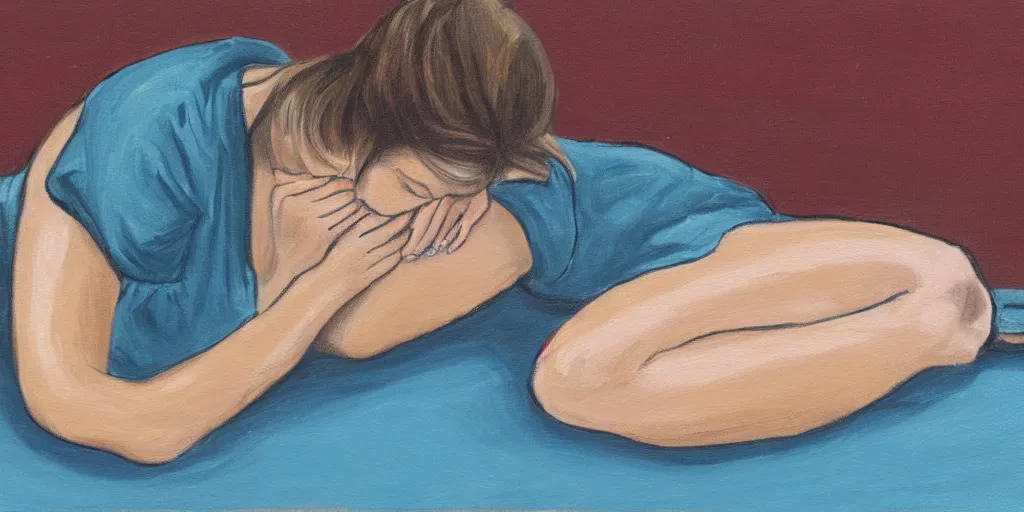 Prompt: painting of sad woman in fetal position lying on the floor