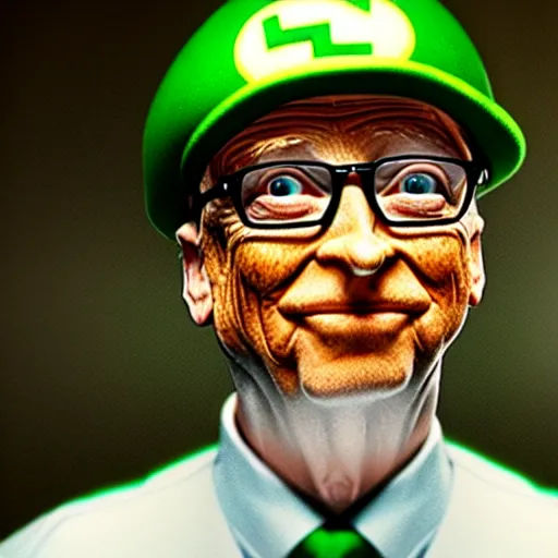 Image similar to uhd candid photo of hyperdetailed bill gates dressed as luigi. correct face, cinematic lighting, photo by annie leibowitz, and steve mccurry.