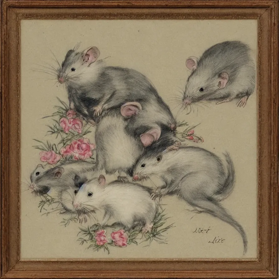 Prompt: Louis Icart, an old colored drawing of adorable little pet rats by Louis Icart, highly detailed, center weighed composition, masterpiece