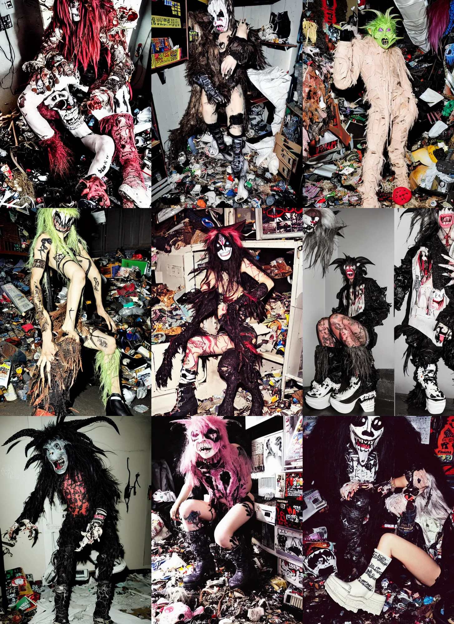 Image similar to photo of lace monster goblin wearing ripped up dirty Swear kiss monster teeth yeti platform boots in the style of Ryan Trecartin in the style of 1990's FRUiTS magazine 20471120 in japan in a dirty dark dark dark poorly lit bedroom full of trash and garbage server racks and cables everywhere in the style of Juergen Teller in the style of Shoichi Aoki, japanese street fashion, KEROUAC magazine, Walter Van Beirendonck W&LT 1990's, Vivienne Westwood, y2K aesthetic