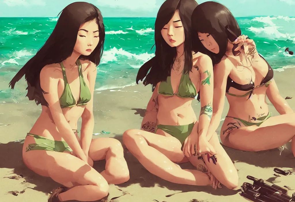 Image similar to two cute asian girls sitting on a beach in bikinis covered with yakuza tattoos, fantasy, by atey ghailan, by greg rutkowski, by greg tocchini, by james gilleard, by joe gb fenton, by kaethe butcher, dynamic lighting, gradient light green, brown, blonde cream and white color in scheme, grunge aesthetic