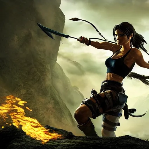 Prompt: lara croft fights a dragon, high quality concept art