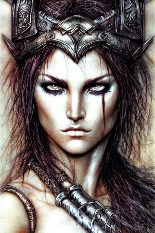 Prompt: head and shoulders portrait of a barbarian, female, high fantasy, d & d, digital illustration by luis royo, face details, smooth, sharp focus