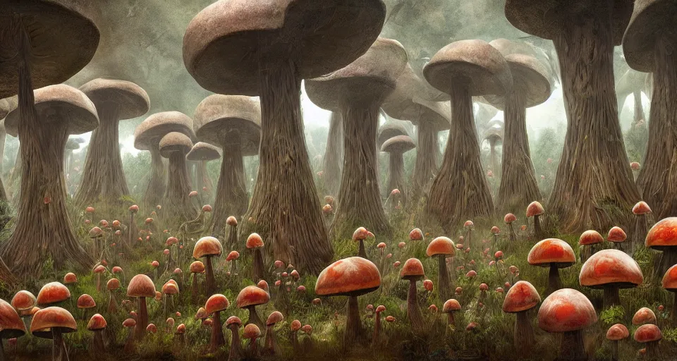 Image similar to A tribal village in a forest of giant mushrooms, by Sam Spratt