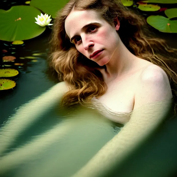Image similar to Kodak Portra 400, 8K, soft light, volumetric lighting, highly detailed, brit marling style 3/4 ,view from above of close-up portrait photo of a beautiful woman how pre-Raphaelites painter, to float on one's back, part of the face is emerging of a pond with water lilies, she has a beautiful lace dress and hair are intricate with highly detailed realistic beautiful flowers , Realistic, Refined, Highly Detailed, natural outdoor soft pastel lighting colors scheme, outdoor fine art photography, Hyper realistic, photo realistic,warm lighting,